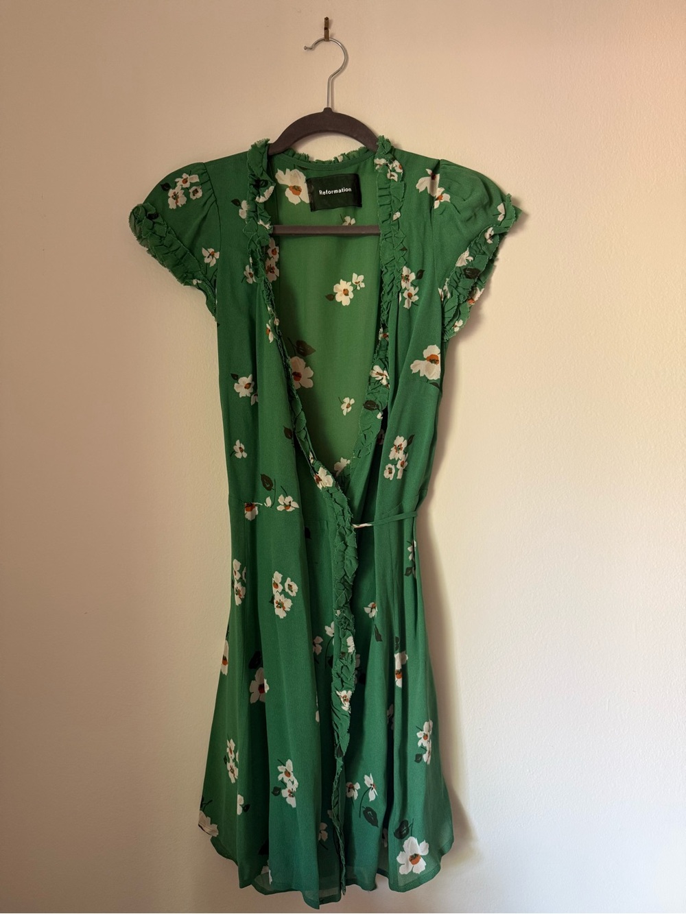 Reformation Green Floral Tie-Waist Mini Dress